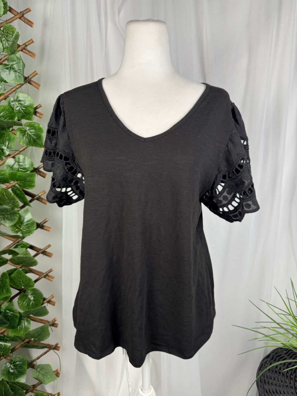 Black V-Neck Tee with Crochet Short Sleeves